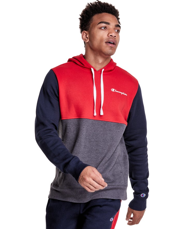 Champion Mens Hoodie NZ - Colorblock Fleece Grey/Red ( 1548-TXOJR )